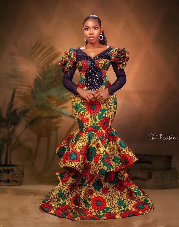 Layered Modern Ankara Gown Style mixed with lace