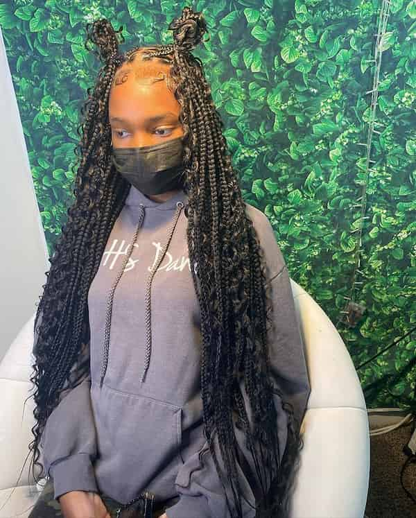 Double Bun Medium Knotless Braids With Curls