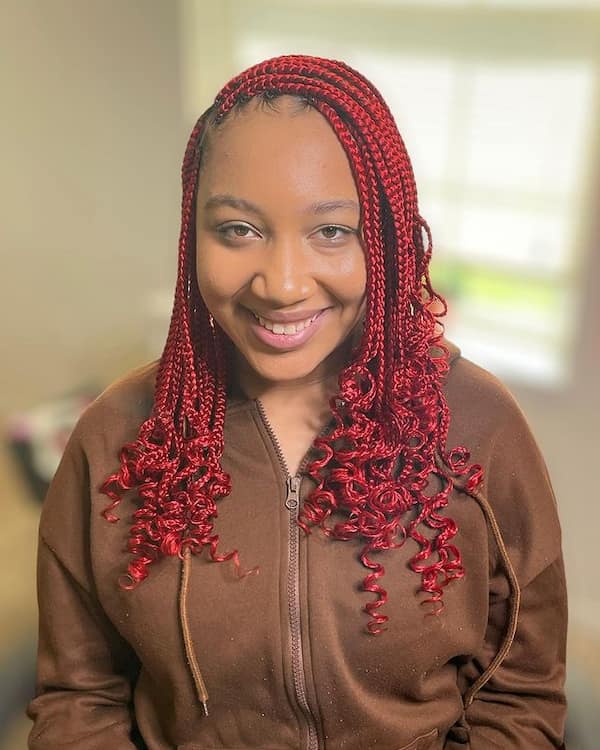 Short Red Medium Knotless Braids With Curls