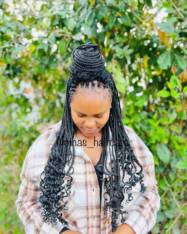 Upfront Bun Medium Knotless Braids With Curls