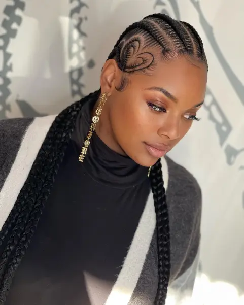 Feed-In Cornrows with Temple Heart Design