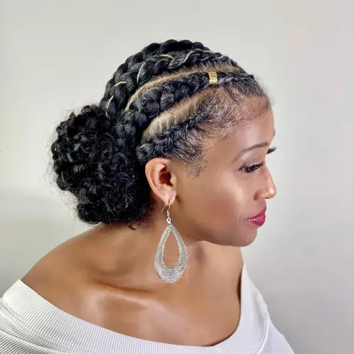 Jumbo Side Cornrows with Curly Bun